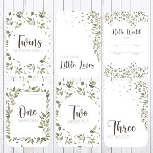 Cartões Twin Baby Milestone, cartões 4x6, vegetação, folhas, download instantâneo