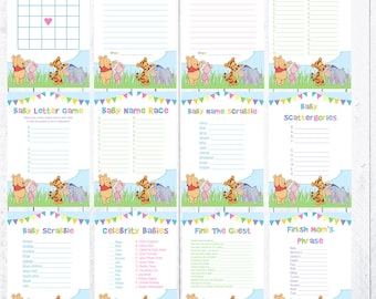 May include: A set of printable baby shower game cards featuring Winnie the Pooh and friends. The cards include games like Baby Bingo, Baby Letter Game, Baby Name Race, Baby Name Scrabble, Baby Scattergories, Baby Scrabble, Celebrity Babies, Find the Guest, and Finish Mom's Phrase.