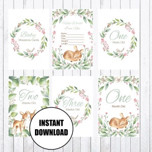 Baby mijlpaal kaarten, 4 x 6 kaarten, foto rekwisieten, herten, kransen, groene Leafs, INSTANT DOWNLOAD