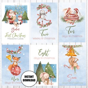 Cartes bébé étape importante, 4 x 6 cartes, Noël, père Noël, animaux de la forêt, téléchargement immédiat