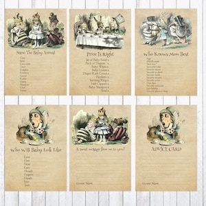 May include: Alice in Wonderland themed baby shower game cards with illustrations of Alice and the Mad Hatter. The cards include games like "Name the Baby Animal", "Price is Right", "Who Knows Mom Best", "Who Will Baby Look Like", and "Advice Card".