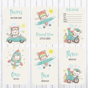 Twins Milestone Cards, cartes 4x6, Sweet Teddy, Trains et avions, Accessoires photo. Téléchargement instantané