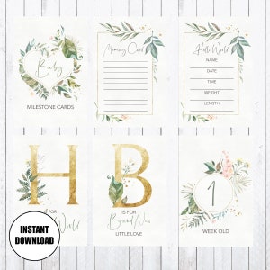 Cartões Baby Milestone, cartões 4x6, vegetação, folhas, download instantâneo
