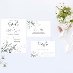 Eucalyptus Wedding Invitation, RSVP, Wishing Well,  Edit and Print Your own Invitation