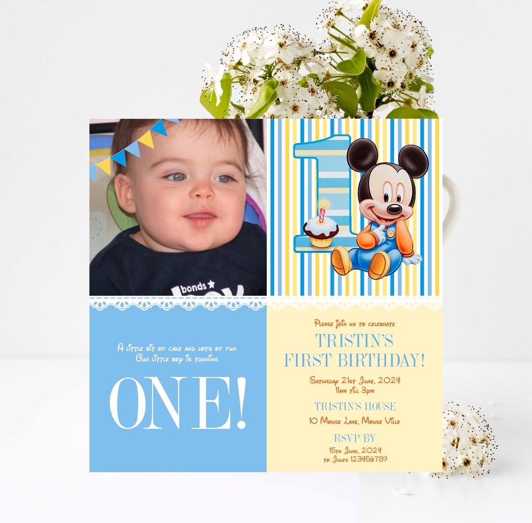 Mickey Mouse 1st Birthday Invitation Birthday Invitation, Edit and ...