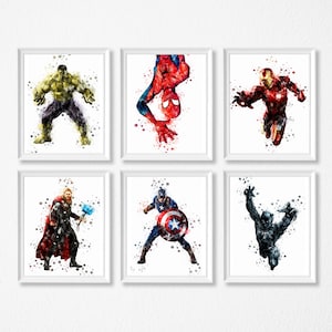 Stampa della cameretta dei supereroi, Capitan America, Hulk, Thor, Spiderman, . Cornici non incluse.