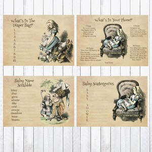 May include: Four printable game cards featuring Alice in Wonderland illustrations. The games are "What's in the Diaper Bag?", "Baby Name Scrabble", "What's in Your Phone?" and "Baby Scatergories".