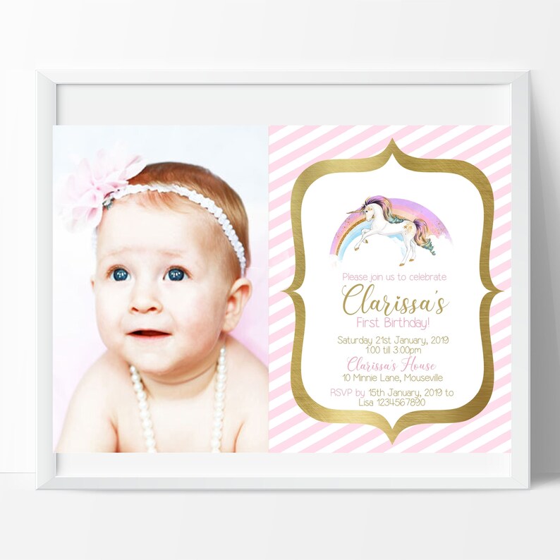 Unicorn Birthday Invitation Note. 1st Birthday Invitation, Edit and Print your own Invitation. Sale image 2