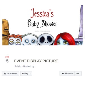 Op de afbeelding: Een digitale uitnodiging voor een babyshower met een cartoonillustratie van personages uit de film "The Nightmare Before Christmas". De tekst luidt "Jessica's Baby Shower" en "Zaterdag 21 mei 2023 om 13:00 uur".