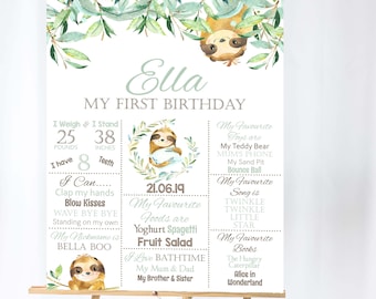 Sloth Birthday Board, 1st Birthday, Edit and Print your own Chalkboard