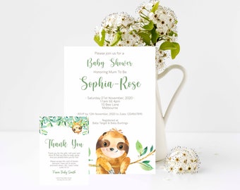 May include: A white baby shower invitation with green text and a sloth illustration. The invitation reads "Please join us for a Baby Shower Honoring Mum To Be Sophia-Rose. Saturday 21st November, 2020. 11am till 4pm. 10 Bee Lane, Melbourne. RSVP by 12th November, 2020 to Jules 1234567890. Registered at Baby Target & Baby Buntings."