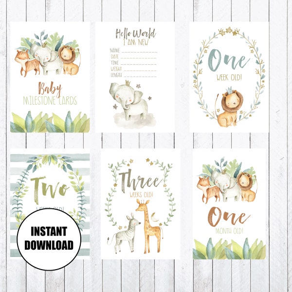Baby Milestone Cards, 4x6 Cards, Jungle Animals, Print your own milestone cards, Instant download