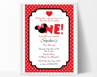 Minnie Mouse Birthday Invitation   1st Birthday Invitation, Edit and Print Your own Invitation