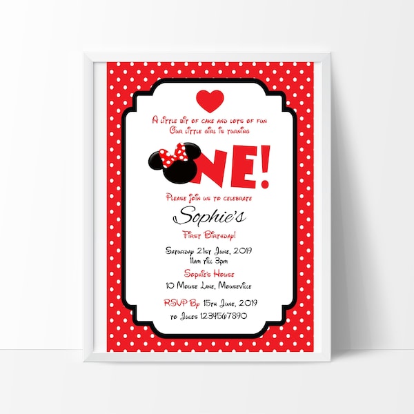 Minnie Mouse Birthday Invitation   1st Birthday Invitation, Edit and Print Your own Invitation