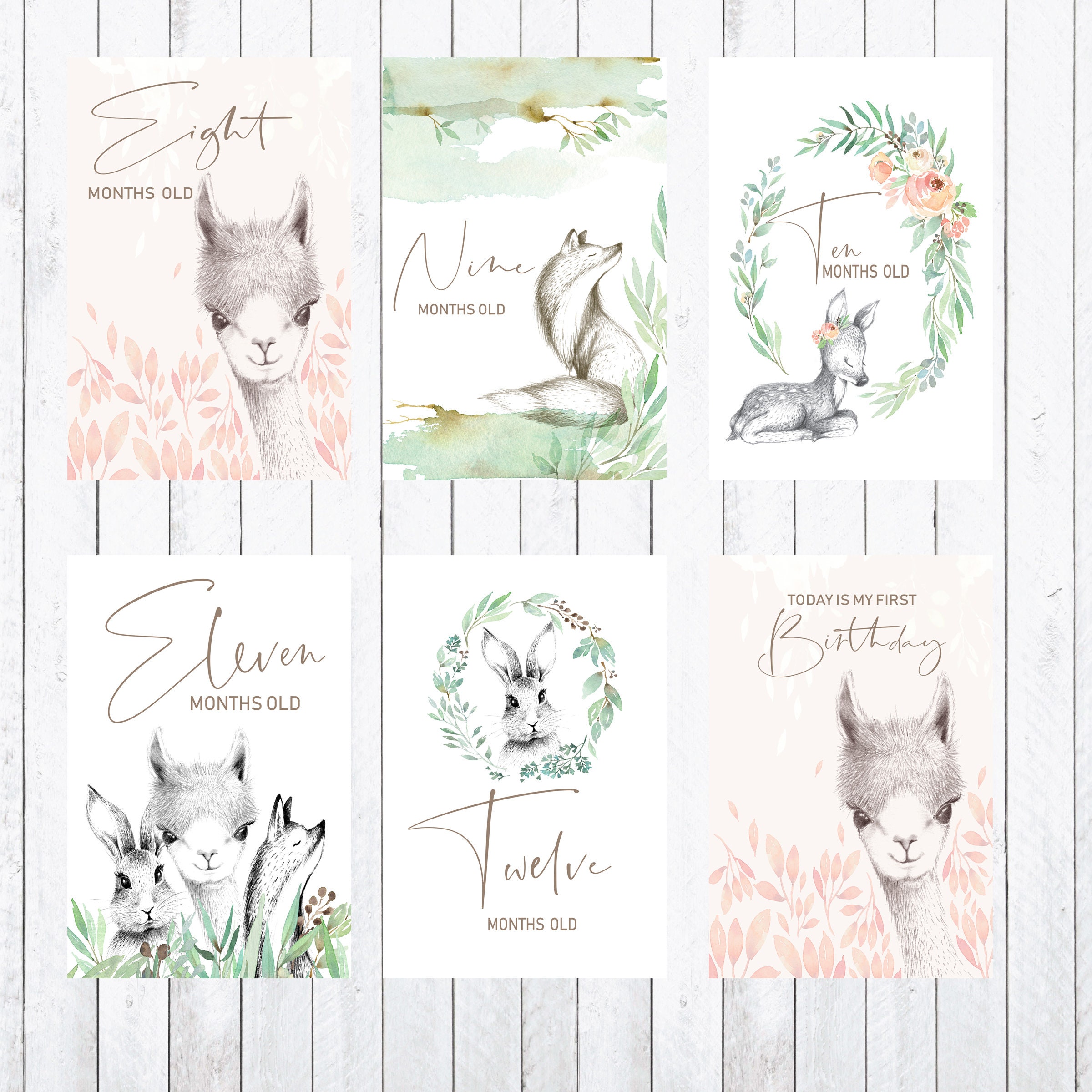 Baby Milestone Cards, 4x6 Cards. Woodland Animals, Llama, Deer, Fox ...