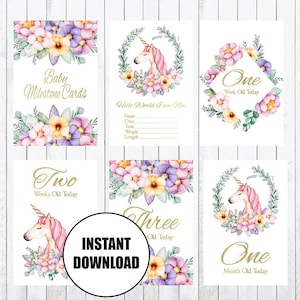 Cartões Baby Milestone, Cartões 4x6, Unicórnio, Floral, Imprima seus próprios cartões Milestone, DOWNLOAD INSTANTÂNEO