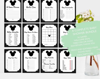 Mickey Mouse babyshowerbundel, uitnodiging, spelletjes, welkomstbord, tafeldecoratie, doe-het-zelfbundel.
