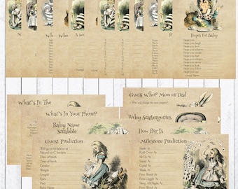 Pode incluir: Cartas de jogo de chá de bebê com tema de Alice no País das Maravilhas com ilustrações de Alice e o Chapeleiro Maluco. As cartas incluem jogos como "What's in Your Phone?", "Baby Name Scrabble", "Guess Who? Mom or Dad", "Baby Scategories" e "How Big Is Milestone Prediction".