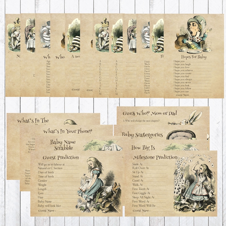 May include: Alice in Wonderland themed baby shower game cards with illustrations of Alice and the Mad Hatter. The cards include games like "What's in Your Phone?", "Baby Name Scrabble", "Guess Who? Mom or Dad", "Baby Scategories", and "How Big Is Milestone Prediction".