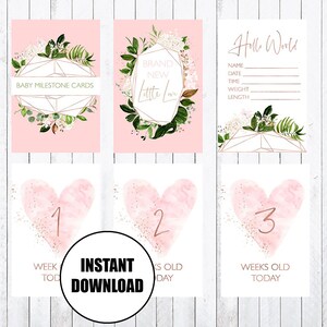 Cartões Baby Milestone, cartões 4x6, folhagem em ouro rosa, corações, DOWNLOAD INSTANTÂNEO