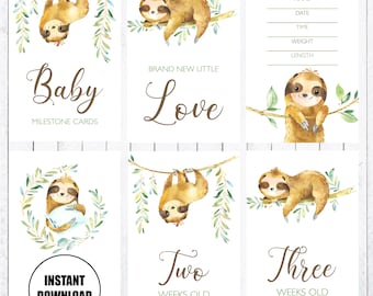 Baby mijlpaalkaarten, kaarten van 4 x 6, luiaard, print je eigen mijlpaalkaarten, direct downloaden