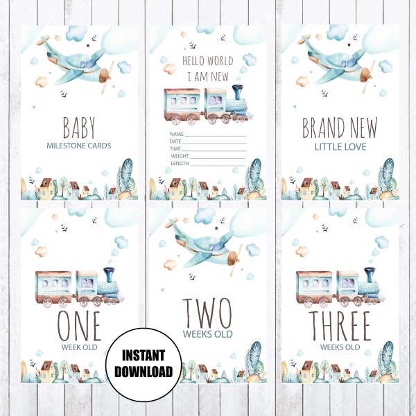 Baby Milestone Cards, 4x6 Cards, Trains and Planes, Photo props. Instant Download