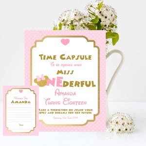Minnie Mouse Time Capsule Sign en kaarten, 1e verjaardag, 8x10 print, 4x6 of 5x7 berichtkaarten Bewerken en print je eigen aandenken