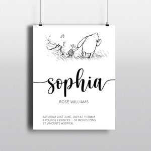 Winnie The Pooh Personalised Birth Print, Frames Not Included.