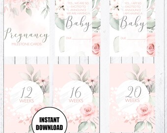 Mijlpaalkaarten zwangerschap, kaarten van 4 x 6, Gentle Rose, INSTANT DOWNLOAD
