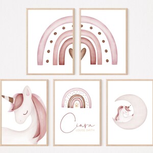 Stampa dell'asilo nido con unicorno, arcobaleni, luna, personalizzata. Cornici non incluse.