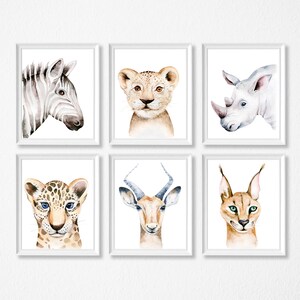 Stampa della cameretta degli animali della giungla, zebra, rinoceronte, tigre, leopardo, cornici non incluse.