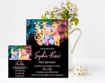 Winnie de Poeh-babyshoweruitnodiging, verjaardagsuitnodiging, 1e verjaardag, bewerk en print je eigen uitnodiging