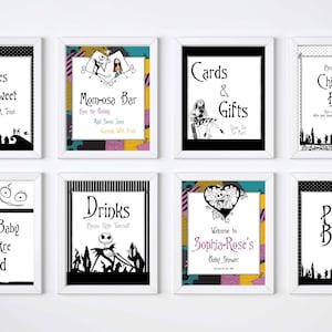 May include: Eight black and white printable signs with a Nightmare Before Christmas theme for a baby shower. The signs include "Babies Are Sweet", "Mom-osa Bar", "Cards & Gifts", "Please Sign Our Children's Book", "Sweet Baby You Are Loved", "Drinks", "Welcome to Sophia-Rose's Baby Shower", and "Photo Booth".