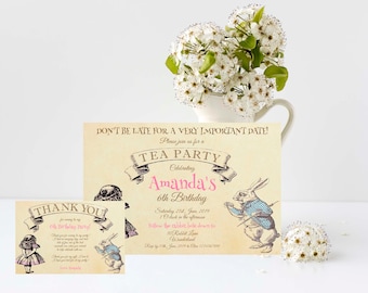 Alice in Wonderland Birthday Invitation and Thank you Note, Edit and Print your own.