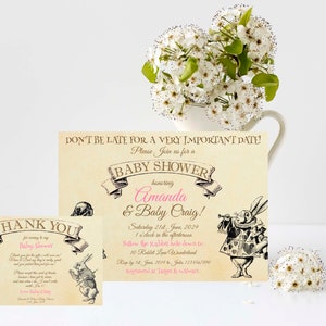 Alice in Wonderland Baby Shower Invitation and Thank you Note, Edit and Print your own.