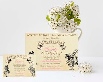 Alice in Wonderland Baby Shower Invitation and Thank you Note, Edit and Print your own.