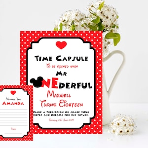Mickey Mouse Time Capsule Zeichen und Karten, 1. Geburtstag, 8 x 10 Druck, 4 x 6 oder 5 x 7 Nachrichtenkarten bearbeiten und drucken Sie Ihre eigenen Andenken