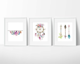 Boho-dromenvanger en veren kinderkamerprint, kindermuurdecoratie, print je eigen prints. Lijsten niet inbegrepen. DIRECT DOWNLOADEN. VERKOOP!!
