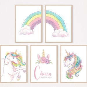 Stampa dell'asilo nido con unicorno, arcobaleni, luna, personalizzata. Cornici non incluse.
