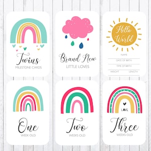 Twins Milestone Cards, 4x6 Cards, Rainbow, Clouds INSTANT DOWNLOAD