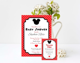 Mickey Mouse Baby Shower Invitation, Thank you note,  Edit and Print your Own