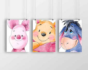 May include: Three vertical rectangular wall art prints featuring watercolor-style illustrations of Piglet, Winnie the Pooh, and Eeyore. Each character is depicted in a close-up portrait against a white background, showcasing soft pastel colors.