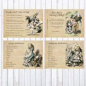 May include: Four printable game cards featuring Alice in Wonderland illustrations. The cards are for a baby shower and include games like "Guess Who? Mom or Dad", "How Big is Mommy's Belly?", "Guest Prediction", and "Milestone Prediction".
