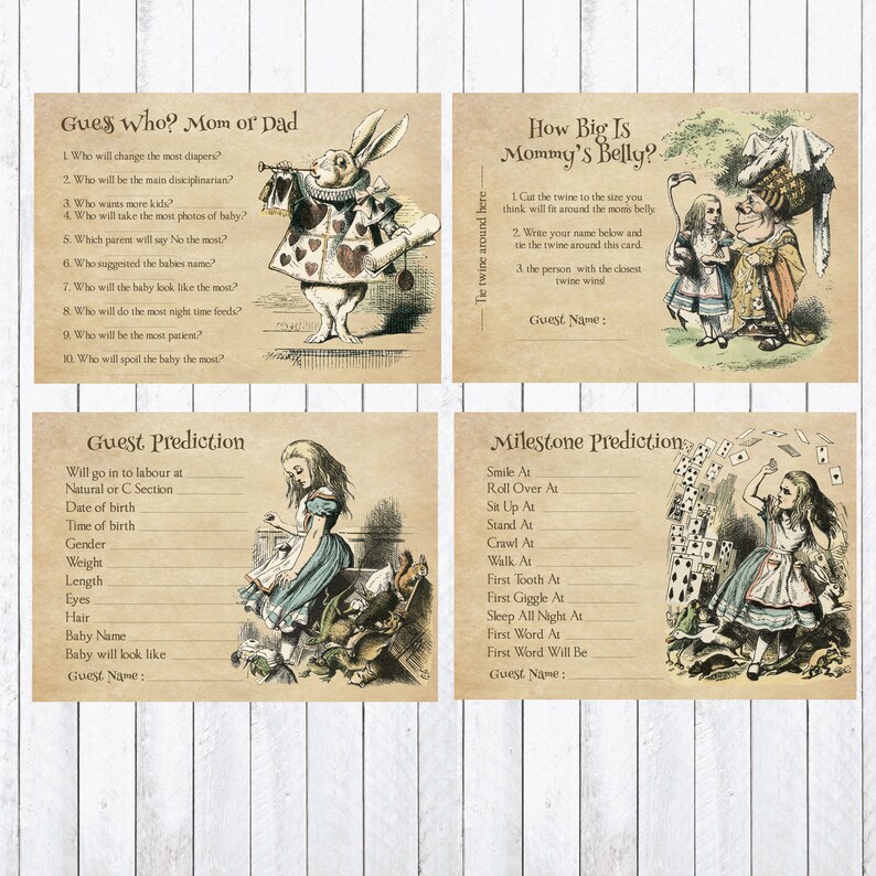 May include: Four printable game cards featuring Alice in Wonderland illustrations. The cards are for a baby shower and include games like "Guess Who? Mom or Dad", "How Big is Mommy's Belly?", "Guest Prediction", and "Milestone Prediction".