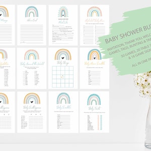 Regenbogen Baby Shower Bundle, Einladung, Spiele, Willkommensschild, Tischdekoration, DIY Bundle.