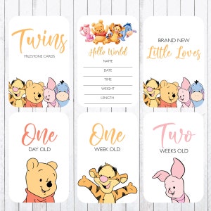Twin Baby Milestone Cards, 4x6 Cards, Winnie The Pooh, Print Your Own. SALE!!!