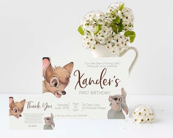 Bambi Baby 1st Birthday Invitation and Thank you Note, Baby Shower, Create and  Edit and Print your own.