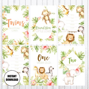 Twins Milestone Cards, 4x6 Cards, Photo Props, Lovely Jungle Animals. Téléchargement instantané