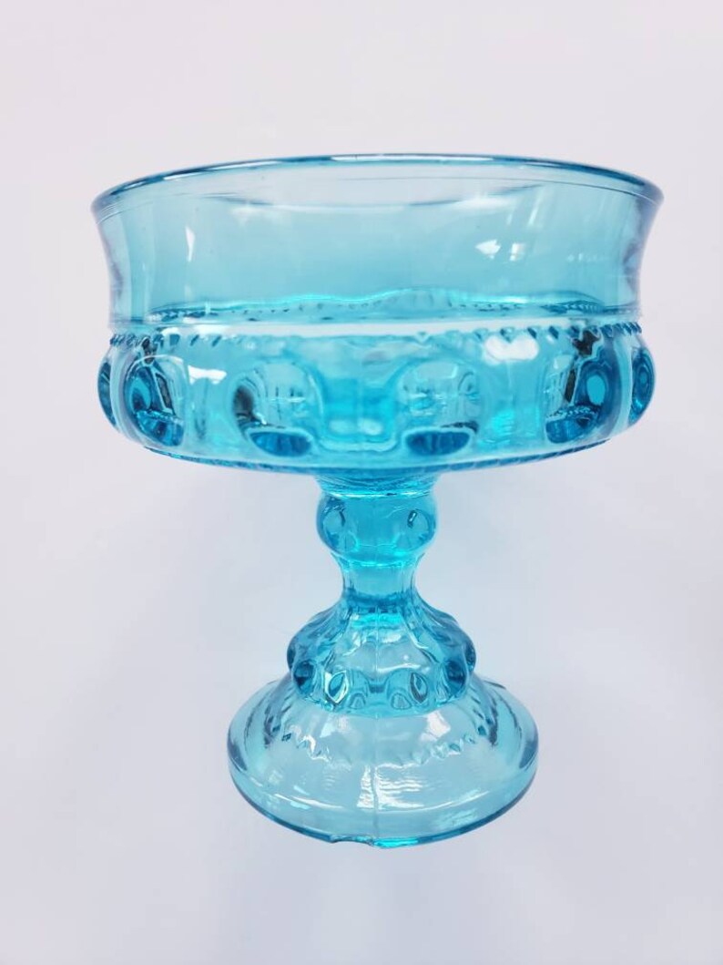 Vintage Blue Indiana Glass Kings Crown Thumbprint Footed Bowl Compote Candy Dish Nut Dish Centerpiece FREE SHIPPING