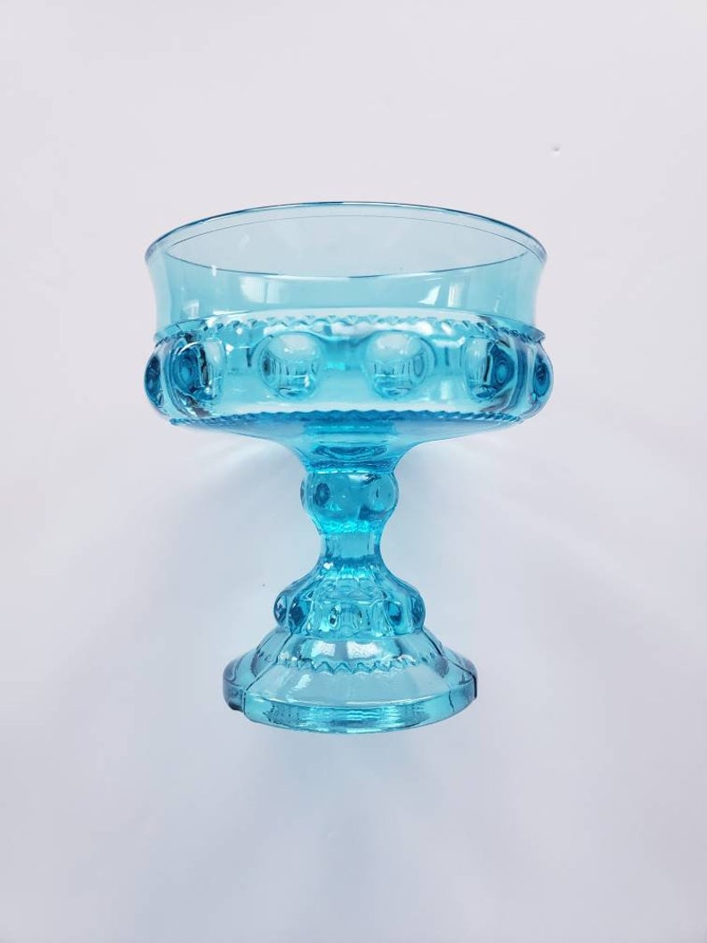 Vintage Blue Indiana Glass Kings Crown Thumbprint Footed Bowl Compote Candy Dish Nut Dish Centerpiece FREE SHIPPING